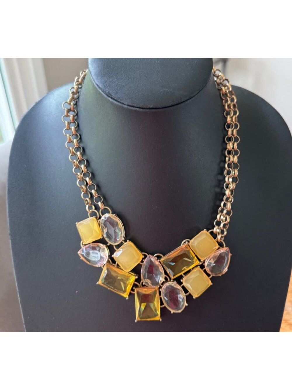 Gold-Tone Statement Necklace Yellow Clear Gemstones Double Link Chain 19 inches